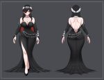  1girl arachne_(cslucaris) arthropod_girl bare_back black_dress black_hair black_nails black_sclera black_shoes breasts cleavage cleavage_cutout clothing_cutout collar colored_sclera commentary cslucaris dress english_commentary english_text head_wreath high_heels highres jewelry large_breasts long_hair mature_female monster_girl multicolored_hair multiple_rings original red_eyes red_streaks ring shoes spider_girl streaked_hair 