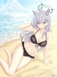  1girl absurdres animal_ears bare_shoulders beach bikini black_bikini black_halo blue_archive blue_eyes blush breasts cleavage collarbone commentary_request extra_ears grey_hair groin hair_between_eyes halo heterochromia highres hisnameissky long_hair looking_at_viewer medium_breasts navel outdoors shiroko_terror_(blue_archive) sitting solo swimsuit thighs wolf_ears 