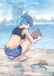  1girl barefoot beach blue_hair blue_shorts blue_sky breasts commentary crab crop_top day fiery_hair food footprints fruit highres holding holding_food holding_fruit horizon in-universe_location median_furrow nemimin outdoors sena_(xenoblade) shorts side_ponytail sky small_breasts solo squatting untranslatable_commentary water wide-eyed xenoblade_chronicles_(series) xenoblade_chronicles_3 