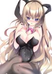  1girl 9-nine- alternate_costume animal_ear_hairband animal_ears bare_shoulders black_hairband black_leotard black_pantyhose blue_eyes blush bow bowtie breasts brown_hair cleavage commentary convenient_leg covered_navel detached_collar dutch_angle embarrassed eyes_visible_through_hair fake_animal_ears feet_out_of_frame furrowed_brow hair_between_eyes hairband hand_on_headwear hands_up highleg highleg_leotard highres knees_together_feet_apart kujou_miyako large_breasts leotard long_hair looking_at_viewer nose_blush open_mouth pantyhose pink_bow pink_bowtie playboy_bunny rabbit_ear_hairband rabbit_ears sidelocks simple_background sitting solo strapless strapless_leotard sukonbu385 thighband_pantyhose triangle_mouth very_long_hair watermark white_background 