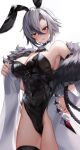  1girl absurdres alternate_costume animal_ears arlecchino_(genshin_impact) arm_strap armpit_crease bare_shoulders black_bow black_bowtie black_choker black_eyes black_hair black_leotard black_thighhighs blush bow bowtie breasts choker cleavage coat covered_navel detached_collar embarrassed fake_animal_ears fatui_coat fur-trimmed_coat fur_trim genshin_impact grey_hair groin hand_on_own_hip highleg highleg_leotard highres large_breasts leotard multicolored_hair open_clothes open_coat open_mouth playboy_bunny rabbit_ears red_pupils short_hair shuvi_(shuvi1125) solo symbol-shaped_pupils thighhighs two-tone_hair white_background white_coat x-shaped_pupils 