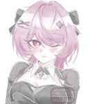  1girl black_bow black_dress black_shrug blush bow breasts commentary dress hair_bow hair_intakes hair_ornament highres kabesanaf_0502 large_breasts looking_at_viewer medium_hair official_alternate_costume one_eye_closed pink_hair purple_eyes remielle_dan remielle_dan_(moonlight_whispers) shrug_(clothing) simple_background smile solo upper_body watermark white_background zenless_zone_zero 