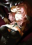  1girl absurdres black_dress black_shrug black_wings breasts chest_belt commentary dress highres kyes large_breasts looking_at_viewer medium_hair parted_lips pink_hair purple_eyes remielle_dan remielle_dan_(moonlight_whispers) shrug_(clothing) smile solo wings zenless_zone_zero 