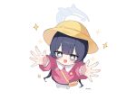  +_+ 1girl :d black_hair blue_archive blush child commentary_request from_above grey_eyes halo hat highres kindergarten_uniform kisaki_(blue_archive) kisaki_(kindergarten_uniform)_(blue_archive) pink_shirt reaching reaching_towards_viewer school_hat shirt shoes simple_background smile solo tttlr white_background yellow_hat 