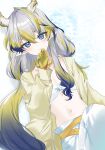  1girl arknights bare_shoulders bikini blonde_hair blue_eyes blue_hair blush breasts closed_mouth collarbone commentary_request grey_hair hair_between_eyes highres hiyoko_(96823534) jacket long_hair looking_at_viewer medium_breasts multicolored_hair navel pointy_ears shu_(arknights) small_breasts solo stomach strapless strapless_bikini swimsuit very_long_hair white_bikini yellow_jacket 