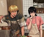  1boy 1girl amo_mhm apron black_apron black_hair blonde_hair blush bowl chainsaw_man commentary cooking cooking_pot denji_(chainsaw_man) english_commentary fingernails hair_between_eyes hand_up holding holding_spoon indoors kitchen mitaka_asa nose_blush pink_skirt saliva sharp_teeth shirt short_sleeves skirt spatula spice spoon stove striped_clothes striped_shirt sweatdrop tasting teeth tomato tongue tongue_out wooden_spoon 