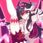  1girl body_markings breasts choker collarbone collared_shirt commentary_request dlalsgur110 dragon_girl dragon_horns dragon_tail finger_claws hair_between_eyes hair_ornament hairclip highres horns korean_commentary leg_up long_hair long_sleeves looking_to_the_side looking_up multicolored_hair neverness_to_everness parted_lips partially_unbuttoned purple_hair red_eyes red_shorts shade shaded_face shinku_(nte) shirt short_shorts shorts solo standing standing_on_one_leg streaked_hair tail thighhighs torn_clothes torn_shorts underboob upper_body white_shirt white_thighhighs 