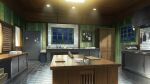  bowl bulletin_board cabinet ceiling_light counter cutting_board frying_pan game_asset indoors karakara_(game) katou_taira kitchen kitchen_hood kitchen_knife knife night no_humans official_art plate self-datamine sink sunlight table wallpaper_(object) window wooden_ceiling wooden_table 