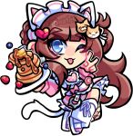  1girl ayamy_(vtuber) blue_eyes blueberry broken_heart broken_heart_hair_ornament brown_hair cat_hair_ornament cat_tail chibi dog_hair_ornament food fruit hair_ornament heart heart_hair_ornament highres indie_virtual_youtuber jacket jersey_maid long_hair looking_at_viewer maid maid_headdress one_eye_closed pancake pancake_stack pink_jacket plate solo strawberry tail tongue tongue_out unconventional_maid v virtual_youtuber white_background x3dustco 