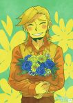  1boy aizawa_sachi artist_name blonde_hair blush brown_hat collared_shirt colored_skin commentary_request cowboy cowboy_hat dated deltarune grin hat holding holding_unworn_clothes holding_unworn_hat long_sleeves open_mouth shirt smile solo teeth unworn_hat unworn_headwear upper_body utdr_(toby_fox) yellow_(deltarune) yellow_skin 