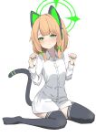  1girl absurdres animal_ear_headphones animal_ears blonde_hair blue_archive blush bottomless bow cat_ear_headphones cat_ears cat_tail chrono061107 fake_animal_ears fake_tail full_body green_eyes green_ribbon halo headphones highres looking_at_viewer midori_(blue_archive) paw_pose ribbon shirt short_hair sitting tail thighhighs white_shirt 