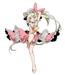  1girl adapted_costume arm_up ascot bare_arms bikini blonde_hair bow closed_mouth flandre_scarlet frilled_skirt frills front-tie_bikini_top front-tie_top full_body hand_on_headwear hand_on_own_thigh hat hat_bow highres hinabu long_hair looking_at_viewer missing_wings mob_cap navel red_bikini red_bow red_eyes red_skirt sandals side-tie_bikini_bottom side_ponytail simple_background skirt smile solo standing standing_on_one_leg swimsuit touhou very_long_hair white_background white_hat white_sandals yellow_ascot 