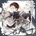  1boy absurdres bird black_gloves black_hair chinese_commentary coin coin_flip commentary_request dated gehrman_sparrow glasses gloves highres klein_moretti lord_of_the_mysteries male_focus paper shaoyun771 ship too_many too_many_birds watercraft 