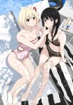  2girls :> :t absurdres barefoot beach_towel bikini black_hair blonde_hair blush bob_cut braid breasts brown_bikini chair cheek_poking choppy_bangs cleavage clothing_cutout collarbone commentary cup dated drinking_straw feet finger_to_another's_cheek folding_table from_above full_body hair_between_eyes hair_ribbon highleg highleg_one-piece_swimsuit highres iganin_r innertube inoue_takina large_breasts long_hair looking_at_viewer lounge_chair lycoris_recoil medium_hair multiple_girls navel nishikigi_chisato one-piece_swimsuit one_side_up pink_one-piece_swimsuit poking pool poolside purple_eyes red_eyes red_ribbon ribbon short_hair side_cutout signature small_breasts smile stomach strapless strapless_one-piece_swimsuit swim_ring swimsuit table towel twin_braids 