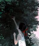  1girl arm_up berry black_hair braid child chinese_commentary clenched_hand closed_eyes closed_mouth commentary_request dappled_sunlight dress expressionless food frilled_sleeves frills from_side fruit grass hair_ribbon hand_up head_back highres holding holding_food holding_fruit long_hair ok_sign original outdoors picking_fruit red_ribbon ribbon single_braid sleeveless sleeveless_dress solo standing sunlight toduring tree u_u upper_body white_dress 