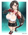  1girl bare_legs bare_shoulders black_hair black_skirt black_sleeves black_socks blush boots border breasts breath cleavage crop_top daiki_sketch detached_sleeves earrings elbow_pads english_commentary final_fantasy final_fantasy_vii fingerless_gloves four-finger_heart_hands full_body glint gloves hair_behind_ear heart heart_hands highres jewelry knees large_breasts legs long_hair looking_at_viewer low-tied_long_hair materia midriff miniskirt navel outside_border pencil_skirt red_boots red_eyes red_gloves see-through_clothes see-through_shirt shirt single_elbow_pad skirt socks solo standing suspender_skirt suspenders sweat swept_bangs tank_top teardrop_earrings thighs tifa_lockhart tongue tongue_out twitter_username variant_set very_long_hair wet wet_clothes wet_shirt white_border white_tank_top 