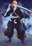  1boy absurdres belt black_hakama black_socks bleach bleach_(live_action) brown_belt brown_eyes commentary english_commentary flip-flops full_body hakama highres holding holding_sword holding_weapon japanese_clothes kurosaki_ichigo male_focus orange_hair over_shoulder sandals shihakusho smoke socks solo sonzhondaya sword weapon weapon_over_shoulder 