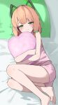  1girl absurdres animal_ear_headphones animal_ears bare_legs blonde_hair blue_archive camisole cat_ear_headphones cat_ears chrono061107 fake_animal_ears green_pillow green_ribbon halo headphones highres hugging_object lying midori_(blue_archive) on_bed pillow pillow_hug pink_camisole pink_shorts ribbon short_hair shorts thighs 