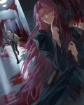  1boy 1girl absurdres around_corner axe black_dress black_hair black_pants black_shoes blood blood_on_axe blood_on_clothes blood_on_face blood_on_ground blood_on_weapon blue_eyes blue_necktie brown_jacket character_request closed_mouth colored_bangs copyright_request curtained_hair dress evolution_hockey hallway hand_up hiding highres holding holding_axe holding_weapon imminent_murder jacket juliet_sleeves long_hair long_sleeves multicolored_hair necktie open_mouth pants puffy_sleeves purple_hair running shirt shoes torn_clothes torn_sleeves two-tone_hair very_long_hair weapon white_hair white_shirt 