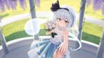  1girl 1other alternate_costume black_hairband blush bouquet breasts bridal_veil chunjiu closed_mouth commentary_request commission day flower glint grass green_eyes green_skirt grey_hair hairband highres holding holding_bouquet jewelry konpaku_youmu looking_at_viewer medium_breasts pov pov_hands ring rose see-through_cleavage see-through_clothes see-through_veil shirt short_hair skirt sleeveless sleeveless_shirt smile solo_focus touhou veil wedding_ring white_flower white_rose white_shirt 