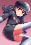  1girl absurdres belt black_dress black_hair black_hat breasts brown_eyes clenched_hand commentary_request commission dress earrings gloves grey_belt grey_gloves grey_thighhighs grin hat highres jewelry kris_(pokemon) large_variant_set long_hair looking_at_viewer maho_(corotonton5150) panties pixiv_commission pokemon pokemon_adventures shiny_skin small_breasts smile solo star_(symbol) star_earrings team_rocket team_rocket_uniform teeth thighhighs thighs underwear variant_set white_panties 