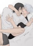  2boys absurdres arm_around_neck arm_support barefoot black_hair black_male_underwear black_shirt closed_eyes coco_chaos commentary_request earrings from_above geto_suguru gojo_satoru grey_male_underwear grin highres jewelry jujutsu_kaisen leg_lock lying male_focus male_underwear medium_hair multiple_boys on_back piercing pillow plug_(piercing) shirt short_hair short_sleeves smile t-shirt twitter_username underwear white_background white_hair yaoi 