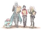  1girl 3boys ^_^ absurdres bag baguette black_bodysuit black_jacket black_shoes bodysuit bread brown_hair chewing closed_eyes coat colored_skin commentary_request eating eunie_(xenoblade) food fur-trimmed_coat fur_trim grey_skin head_wings high_ponytail highres holding holding_bag holding_food jacket lanz_(xenoblade) long_hair multiple_boys nemimin noah_(xenoblade) nopon open_clothes open_jacket paper_bag ponytail red_jacket riku_(xenoblade) shoes short_hair smile sweet_potato walking white_background white_hair wings xenoblade_chronicles_(series) xenoblade_chronicles_3 