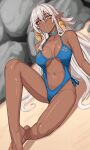  1girl absurdres beach blue_collar blue_one-piece_swimsuit borrowed_character breasts clothing_cutout collar collarbone commentary dark-skinned_female dark_elf dark_elf_dancer_(lack) dark_skin earrings elf english_commentary gold_earrings hair_between_eyes highres jewelry kuon_bb long_hair nail_polish navel one-piece_swimsuit original parted_lips pointy_ears shadow solo stomach_cutout swimsuit toenail_polish toenails white_hair yellow_eyes yellow_nails 