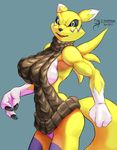  2017 anthro arashidrgn big_breasts breasts canine clothed clothing digimon female fox fur looking_at_viewer mammal muscular muscular_female open_mouth renamon simple_background solo sweater tuft virgin_killer_sweater white_fur yellow_fur 