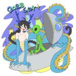  1boy 1other 2026 absurdly_long_tail alien animal_ear_fluff animal_feet animal_hands bifuteki_(bi_futeki) black_hair blue_scales braid braided_ponytail claws closed_eyes dated dragon_boy dragon_ears dragon_horns dragon_tail eastern_dragon_horns eastern_dragon_tail fang full_body highres horns little_green_men long_hair looking_at_viewer male_focus monster_boy original purple_background scales star_(symbol) tail ufo very_long_hair very_long_tail 