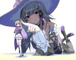  bare_shoulders black_boots black_dress black_hat book boots closed_mouth colored_inner_hair commentary_request detached_sleeves doll_joints dress dual_persona flower grey_hair hair_flower hair_ornament hand_on_own_chin hat herta_(honkai:_star_rail) herta_(puppet)_(honkai:_star_rail) holding holding_book honkai:_star_rail honkai_(series) hugging_book hugging_object joints long_hair lying miniature multicolored_hair multiple_girls on_stomach pantyhose parted_bangs pi_(p77777778) purple_eyes purple_flower purple_hair sidelocks simple_background the_herta_(honkai:_star_rail) the_pose very_long_hair witch_hat x_hair_ornament 
