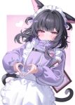  1girl absurdres animal_ears apron armpit_hold black_hair border cat_ears cat_girl cat_tail colored_inner_animal_ears commentary fish_hair_ornament four-finger_heart_hands frilled_apron frills hair_ornament heart heart_hands highres holding holding_menu jacket jersey_maid looking_at_viewer maid maid_apron maid_headdress medium_hair menu original outside_border pink_background purple_eyes purple_jacket simple_background sisong solo tail track_jacket turtleneck turtleneck_jacket two_side_up unconventional_maid untranslatable_commentary upper_body waist_apron white_apron white_border 