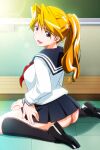  1girl ass black_shoes black_socks blonde_hair blue_eyes christine_garland game_asset high_ponytail indoors kneehighs lens_flare long_hair long_sleeves looking_at_viewer miniskirt neckerchief official_art open_mouth panties pink_panties pleated_skirt ponytail sailor_collar school_uniform serafuku shoes sitting skirt socks solo super_real_mahjong tanaka_ryou underwear wariza 