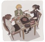  3boys :t apron black_apron black_necktie black_pants blonde_hair blush can chewing chopsticks closed_eyes collared_shirt commentary dark-skinned_male dark_skin drink_can food food_on_face full-stop_office_(identity)_(project_moon) full_body green_jacket grey_shirt heathcliff_(project_moon) holding holding_can holding_chopsticks holding_tray hong_lu_(project_moon) hot_plate jacket limbus_company long_hair looking_at_another may_(a_mango_tree) miso_soup multiple_boys mushroom necktie pants ponytail project_moon raw_meat sandals shirt short_hair sidelocks sinclair_(project_moon) sleeves_rolled_up sliced_meat smile socks soda_can tray untranslatable_commentary white_shirt white_socks 