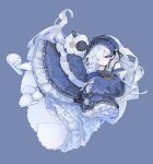  1girl artist_collaboration bare_shoulders black_ribbon blue_background blue_dress blue_hairband bow closed_mouth commentary_request crescent crescent_necklace dress dress_bow frilled_dress frilled_hairband frilled_sleeves frills full_body genkinineru gothic_lolita hair_over_one_eye hair_ribbon hairband highres holding holding_sketchbook jewelry lolita_fashion lolita_hairband long_hair long_sleeves looking_at_viewer mahou_shoujo_no_majo_saiban natsume_an-an necklace off-shoulder_dress off_shoulder polka_dot polka_dot_bow purple_eyes ribbon simple_background sketchbook sleeve_bow sleeves_past_fingers sleeves_past_wrists slippers socks solo stuffed_animal stuffed_sheep stuffed_toy white_hair white_slippers white_socks wide_sleeves 