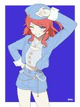  1girl absurdres arm_up blue_background blue_eyes blue_hat blue_jacket blue_shirt blue_shorts blush boom_boom_pow_(idolmaster) border breasts cleavage cleavage_cutout clothing_cutout collared_shirt commentary_request cowboy_shot eeekusuhsss eyelashes gakuen_idolmaster hanami_saki hand_on_own_hip hat highres idolmaster jacket long_hair long_sleeves midriff one_eye_closed open_clothes open_jacket red_hair shirt shorts sidelocks simple_background smile solo standing striped_clothes striped_shirt vertical-striped_clothes vertical-striped_shirt white_border 