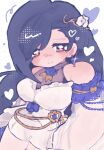  1girl bare_shoulders black_hair blush blym7oym7759061 breasts closed_mouth commentary cowboy_shot detached_sleeves earrings final_fantasy final_fantasy_vii final_fantasy_vii:_ever_crisis flower glint hair_flower hair_ornament heart highres jewelry large_breasts long_hair looking_at_viewer official_alternate_costume pantyhose red_eyes see-through_cleavage see-through_clothes see-through_sleeves shorts smile solo tifa_lockhart tifa_lockhart_(festive_style) untranslatable_commentary white_flower white_pantyhose white_shorts white_sleeves 