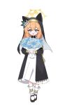  1girl :d animal_ear_headwear animal_ears black_coat black_shoes black_veil blue_archive blue_eyes blue_flower blue_rose bouquet coat coif commentary dress flower hair_between_eyes halo hat hat_flower highres holding holding_bouquet light_blush lmg7811 long_dress long_hair long_sleeves looking_at_viewer mari_(blue_archive) nun nun_headdress open_mouth orange_hair rose shoes simple_background smile socks solo standing veil white_background white_dress white_flower white_rose white_socks yellow_halo 