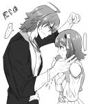  1boy 1girl ahoge amagase_touma amami_haruka commentary_request from_side greyscale holding holding_stuffed_toy idolmaster idolmaster_(classic) idolmaster_side-m jacket monochrome pinnmoku short_hair simple_background speech_bubble standing stuffed_toy upper_body white_background 