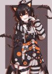  1girl absurdres ahoge animal_ear_headphones animal_ears arm_belt asymmetrical_legwear asymmetrical_sleeves bare_shoulders bat_wings belt black_choker black_hair black_nails black_sweater border cat_ear_headphones cat_ears choker commentary_request cowboy_shot cross-laced_clothes cross-laced_dress dress eyeball_hair_ornament fake_animal_ears headphones highres layered_dress leg_belt long_sleeves looking_at_viewer mahou_shoujo_no_majo_saiban multicolored_hair nail_polish noir_(noire6959) off-shoulder_sweater off_shoulder open_mouth orange_eyes orange_nails orange_streaks sawatari_coco shirt short_hair single_bare_shoulder single_thighhigh skirt skull smile solo streaked_hair striped_clothes striped_sleeves striped_thighhighs stuffed_animal stuffed_cat stuffed_toy sweater swimsuit teeth thighhighs upper_teeth_only white_border white_shirt white_skirt wings 