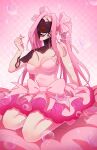  1girl alien_stage artist_name bare_shoulders bow breasts bubble cchocolace cleavage commentary dress dress_bow finger_heart hair_bow heart highres long_hair mizi_(alien_stage) mizi_(zombie_stage) multiple_hair_bows open_mouth pink_background pink_bow pink_dress pink_hair pink_theme sitting smile solo strapless strapless_dress twintails very_long_hair zombie_stage 