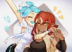  2girls absurdres arm_around_shoulder arm_up armpits black_pants black_shirt blue_hair blue_tongue blush breasts capelet closed_eyes closed_mouth colored_tongue cross-shaped_pupils dark-skinned_female dark_skin daze_illust facial_mark grey_background hair_ribbon happy heart highres inkling inkling_girl inkling_player_character jewelry large_breasts long_sleeves looking_at_viewer medium_breasts medium_hair mole mole_under_eye multiple_girls multiple_rings notice_lines octoling octoling_girl octoling_player_character open_mouth pants pointy_ears red_hair ribbon ring shirt sleeveless sleeveless_shirt sleeves_rolled_up splatoon_(series) star_(symbol) suction_cups symbol-shaped_pupils teeth tentacle_hair two-tone_background upper_teeth_only v white_background white_capelet white_ribbon white_shirt yellow_eyes yellow_shirt 