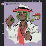  1boy art_program_in_frame art_program_request beard_stubble brute_bonnet chest_hair commentary dark-skinned_male dark_skin dice english_commentary facebook_logo facebook_username facial_hair gem green_hair hair_between_eyes hat highres holding holding_dice instagram_logo instagram_username jacket jewelry loaded_dice_(pokemon) male_focus necklace official_art_inset open_clothes open_jacket patreon_logo patreon_username personification pokemon purple_background red_gem red_shirt reference_inset ring shirt short_hair simple_background slit_pupils stubble twitter_logo twitter_username two-tone_hat v-neck verlangenlotte watch white_jacket wristwatch 