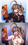 1girl @_@ absurdres ahoge armpits before_and_after bent_v black_shirt blush breasts brown_hair cellphone commission commissioner_upload confused drooling emo_fashion highres holding holding_phone hololive hololive_english hypnosis jewelry long_hair looking_at_phone mind_control mouth_drool nanashi_mumei nanashi_mumei_(emo) necklace nipples non-web_source nude peace_symbol phone saliva selfie shirt skull_print solo spiral tongue tongue_out v white_hair yutakke 