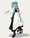  1girl 2026_fifa_world_cup absurdres ball blue_eyes blue_hair braid breasts commentary dress english_commentary full_body hair_between_eyes hand_on_own_hip hatsune_miku hatsune_miku_world_cup_custody_battle_(meme) highres long_sleeves looking_at_viewer meme norway norwegian_miku open_mouth simple_background small_breasts soccer_ball solo standing tashvaliant teeth tongue twin_braids vocaloid white_background world_cup 