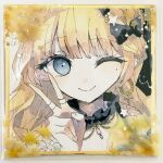  1girl ;) arm_tattoo black_choker blonde_hair blue_eyes bow braid choker closed_mouth cross cross_earrings earrings fishnet_sleeves fishnets frilled_choker frills gold_border hair_bow jewelry long_hair looking_at_viewer mahou_shoujo_no_majo_saiban mole mole_under_eye noa_rei one_eye_closed portrait ring saeki_miria shikishi smile solo tattoo traditional_media very_long_hair 