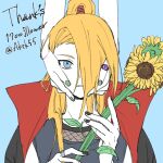  2boys asymmetrical_bangs black_nails blonde_hair blue_background blue_eyes deidara_(naruto) expressionless fishnet_top fishnets flower green_nails grey_shirt hair_over_one_eye hayamin35 high_ponytail holding holding_flower jewelry long_hair looking_at_viewer male_focus multiple_boys naruto_(series) naruto_shippuuden open_clothes open_robe parted_lips ponytail ring robe sasori_(naruto) shirt simple_background sketch sunflower 