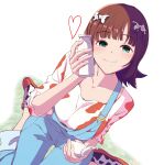  1girl amami_haruka animal_print black_bow blue_overalls blush bottle bow breasts brown_hair closed_mouth collarbone commentary_request cow_print green_eyes hair_bow heart highres holding holding_bottle idolmaster idolmaster_(classic) idolmaster_million_live! idolmaster_million_live!_theater_days large_breasts looking_at_viewer milk milk_bottle multiple_hair_bows on_ground orange_shirt overalls pinnmoku print_bow print_shoes shirt short_hair sitting smile solo two-tone_bow two-tone_shirt wariza white_background white_bow white_shirt 