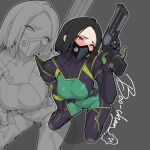  1girl armor ass ass_focus belt black_bodysuit black_hair black_mask blush bodysuit boo_channnnnnn boots breasts cleavage commentary dynamic_pose elbow_gloves embarrassed english_commentary fingerless_gloves gloves gradient_background green_bodysuit green_eyes green_gloves gun hair_ornament hairband handgun highleg holding holding_gun holding_weapon holster knee_boots kneeling large_breasts leaning_forward leotard looking_at_viewer looking_up mask military military_uniform multicolored_bodysuit purple_bodysuit purple_hairband self-upload shiny_clothes shiny_skin short_hair signature simple_background skin_tight solo squatting strap thick_thighs thigh_strap thighs tight_clothes two-tone_bodysuit upper_body valorant viper_(valorant) weapon weapon_focus 