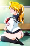  1girl ass black_shoes black_socks blonde_hair blue_eyes blush bra breasts breasts_out christine_garland clothes_lift high_ponytail indoors kneehighs lens_flare lifting_own_clothes loafers long_hair long_sleeves looking_at_viewer official_art one_eye_closed open_mouth panties photoshop_(medium) pink_bra pink_panties pleated_skirt ponytail school_uniform shoes sitting skirt skirt_lift smile socks solo super_real_mahjong tanaka_ryou underwear wariza 